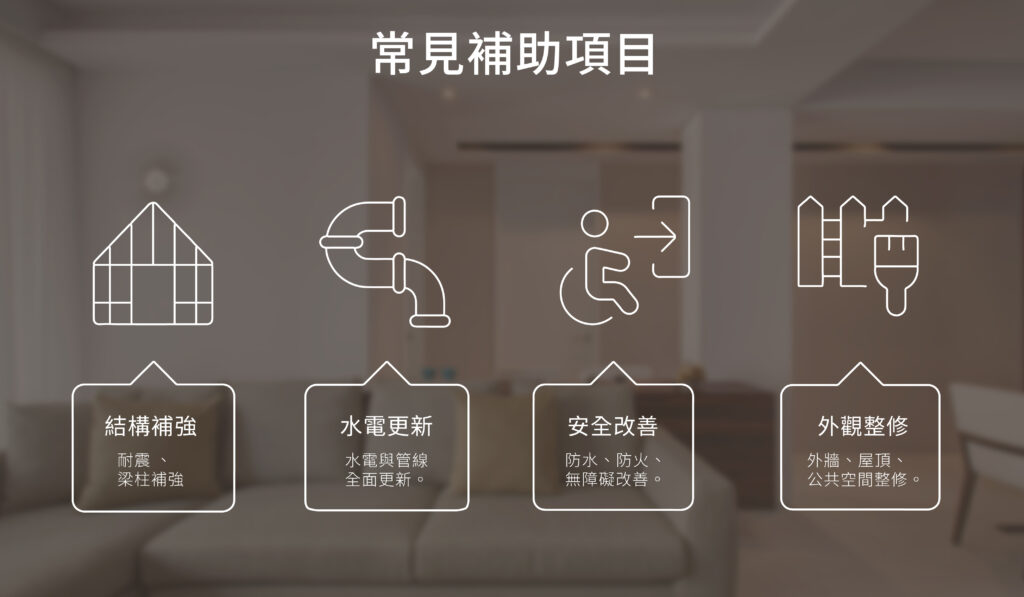 外牆拉皮補助、結構補強補助、老屋水電更新、耐震補強、房屋安全改善